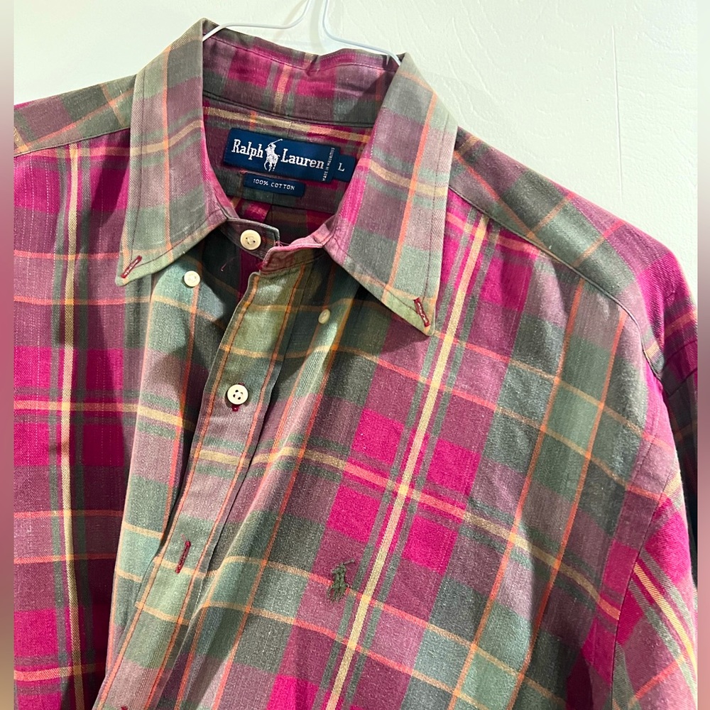 Ralph Lauren Shirt Men Large Red Green Plaid Long Sleeve Button Down